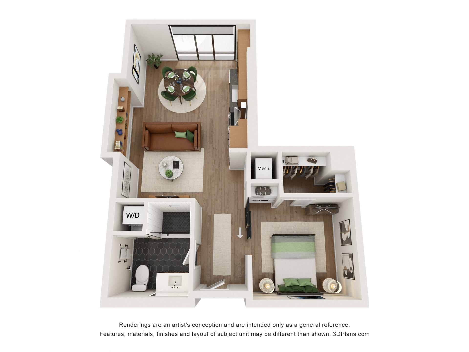 Floor plan for 1 bed, 1 bath, 652 sqft
